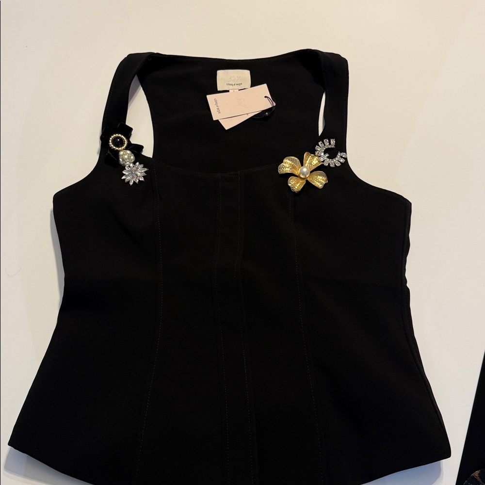 Cinq à Sept Black vest with Gold and Pearl Accents